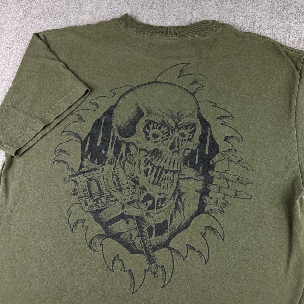 Y2K Port City Tattoo T-Shirt Mens Medium Green Skull Graphic Skater Streetwear